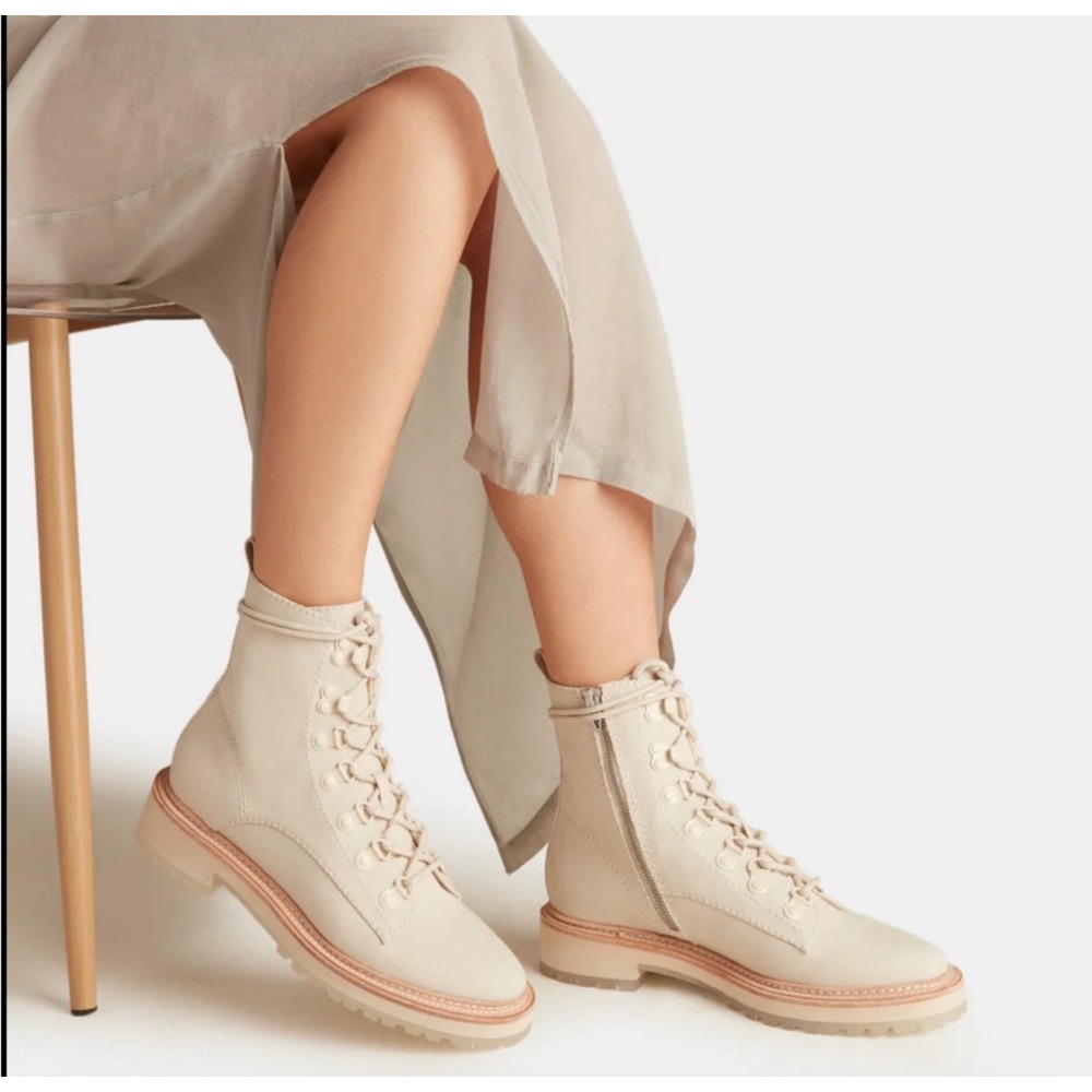 Dolce Vita Beige Canvas Lace Up Side Zip Combat Boots Womens Size 7.5